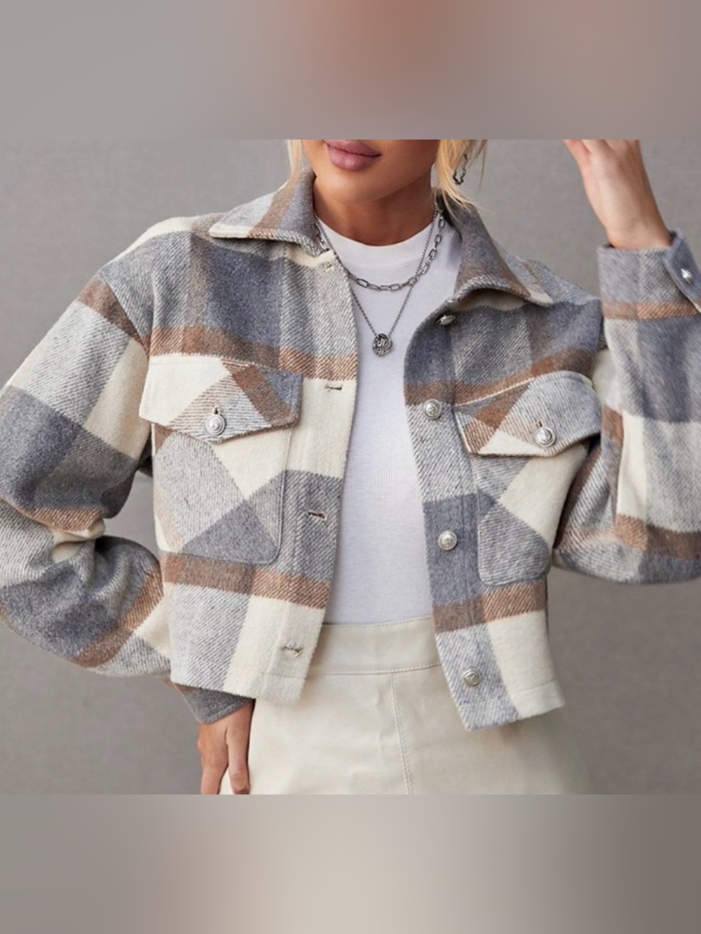 Plaid Cropped Shacket Jacket - Cream Gray Brown